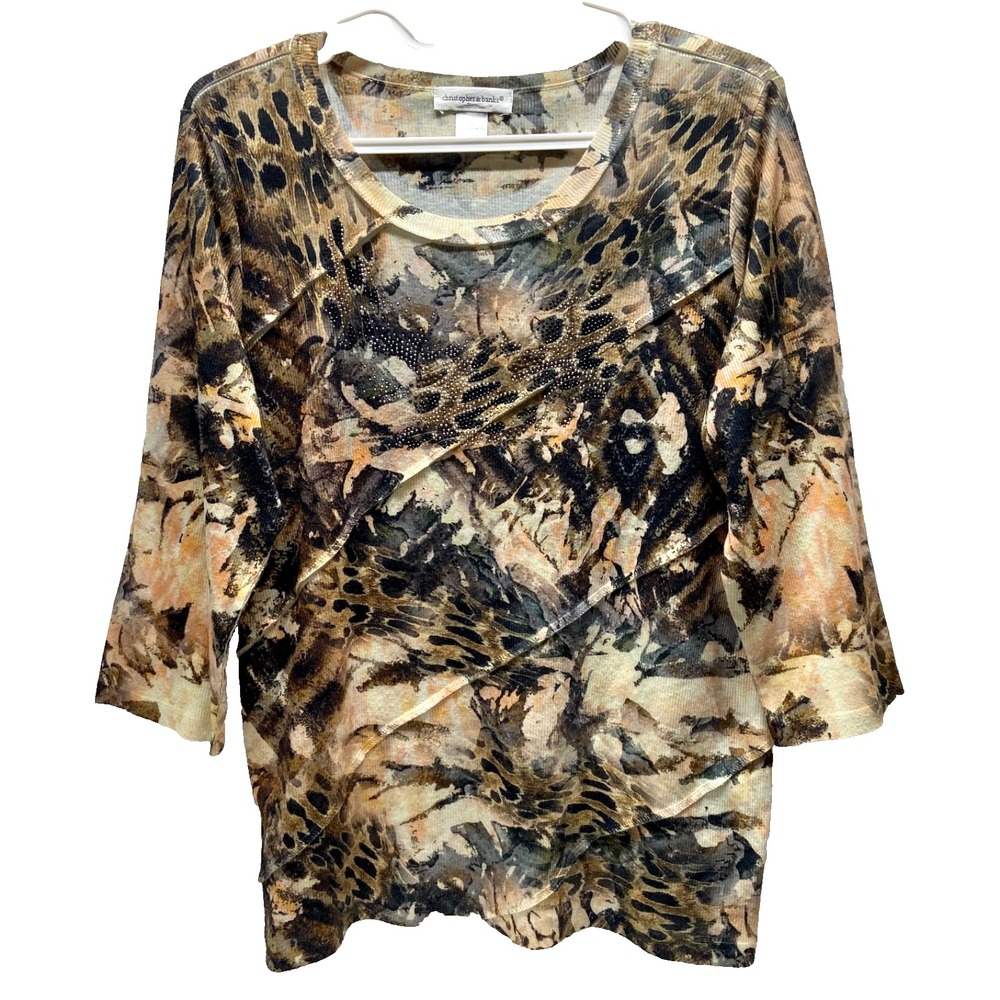 Christopher & Banks Ribbed Knit Top Women's XL Tan Camo Embellished 3/4 Sleeve